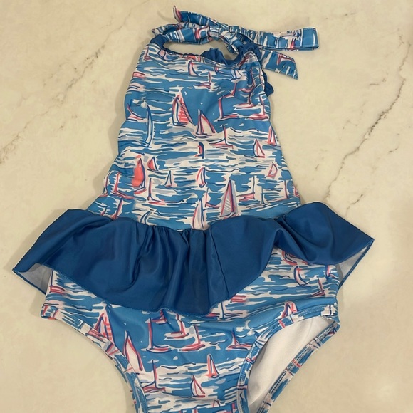 Navy Sailboat Print Girl Swim no size (kids M) - Picture 1 of 11